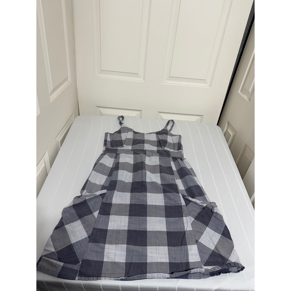 Y2K Horny Toad Organic Cotton Plaid Midi Dress Blue Grey Smocked Back Pockets M